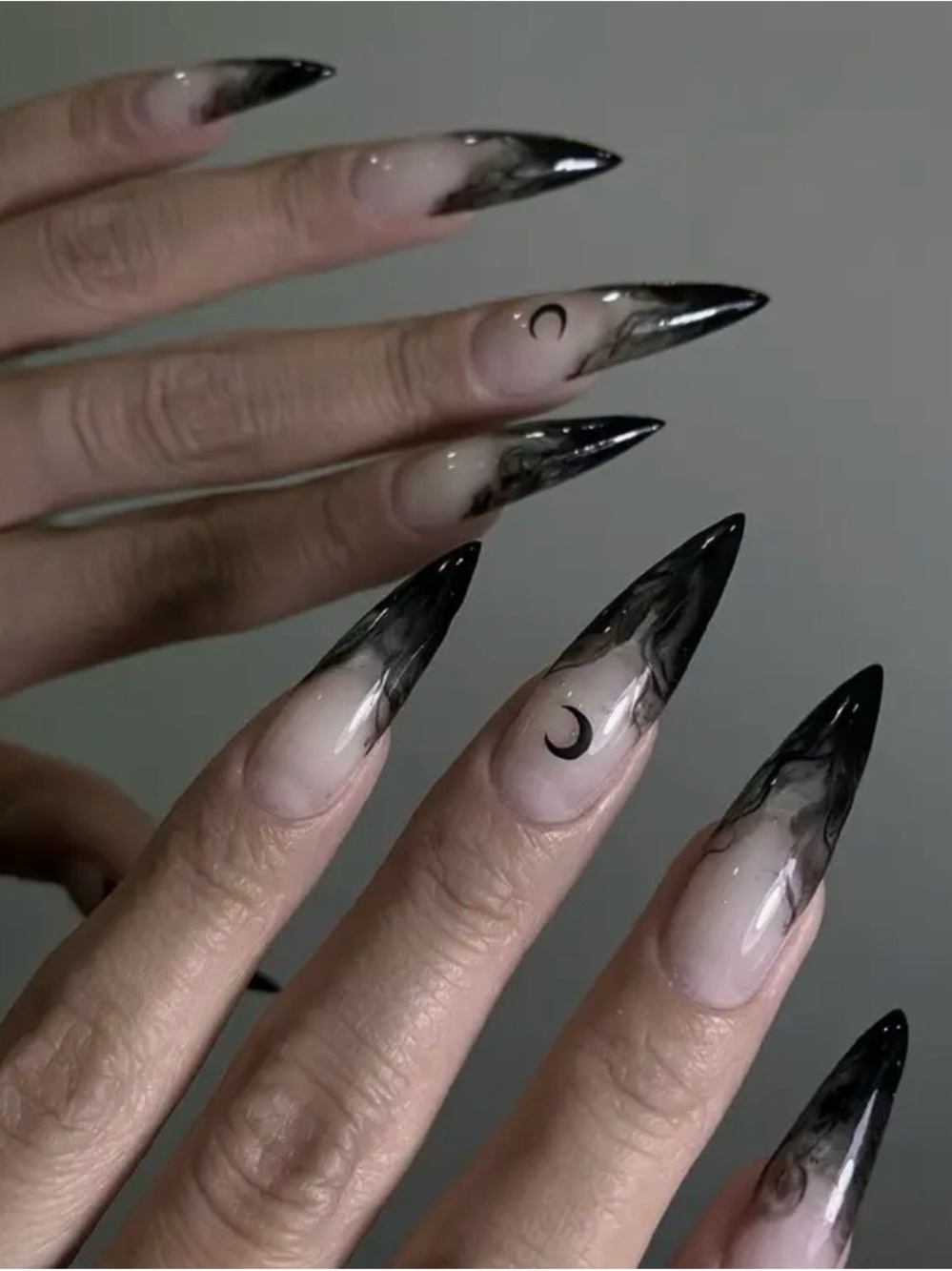 Stiletto Black Marble Moon Nail Set